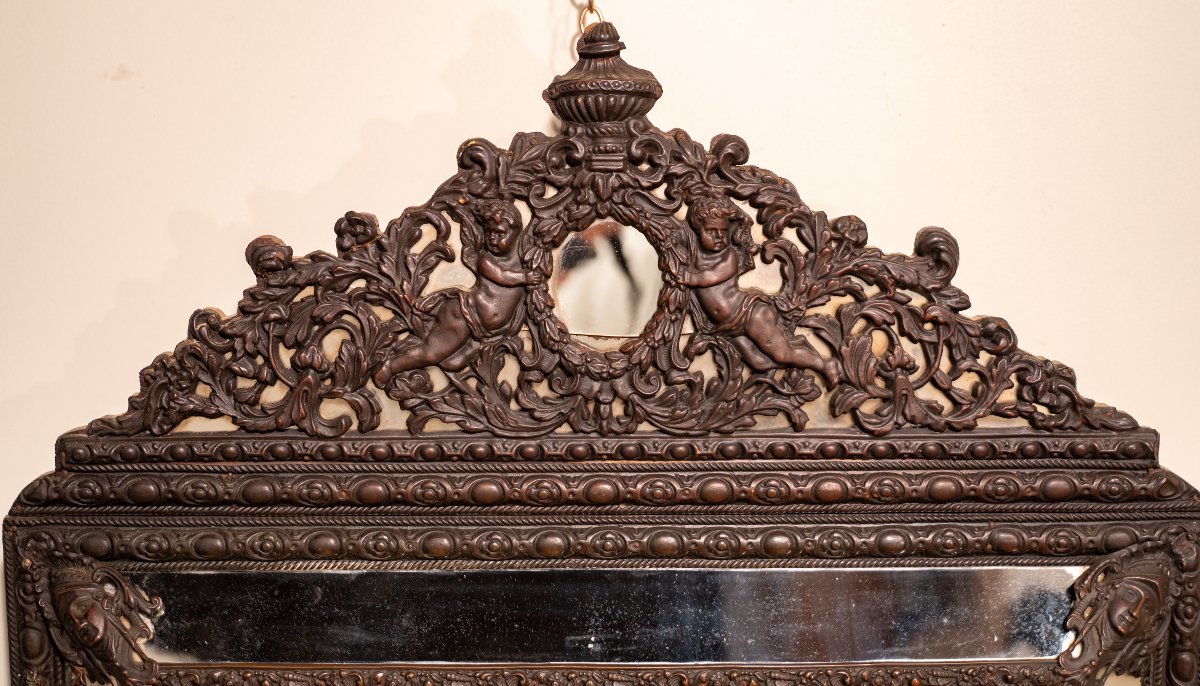Miroir à parcloses en laiton repoussé, époque Napoléon III-photo-2