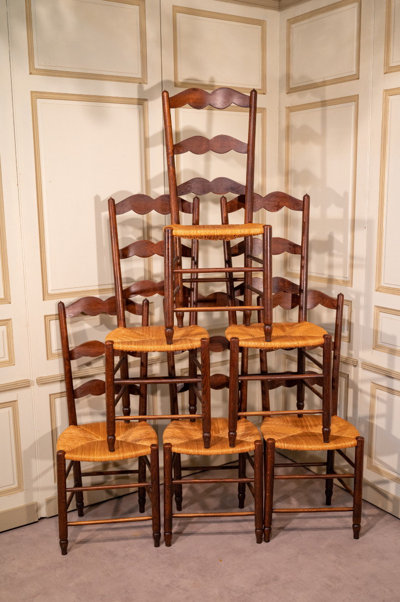 Set Of Six Oak Straw-seated Chairs