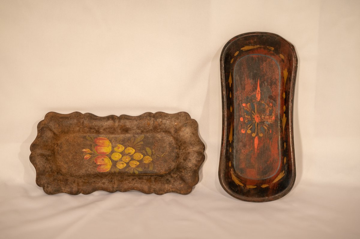 Set Of Two Painted Sheet Metal Trays With Small Compartments