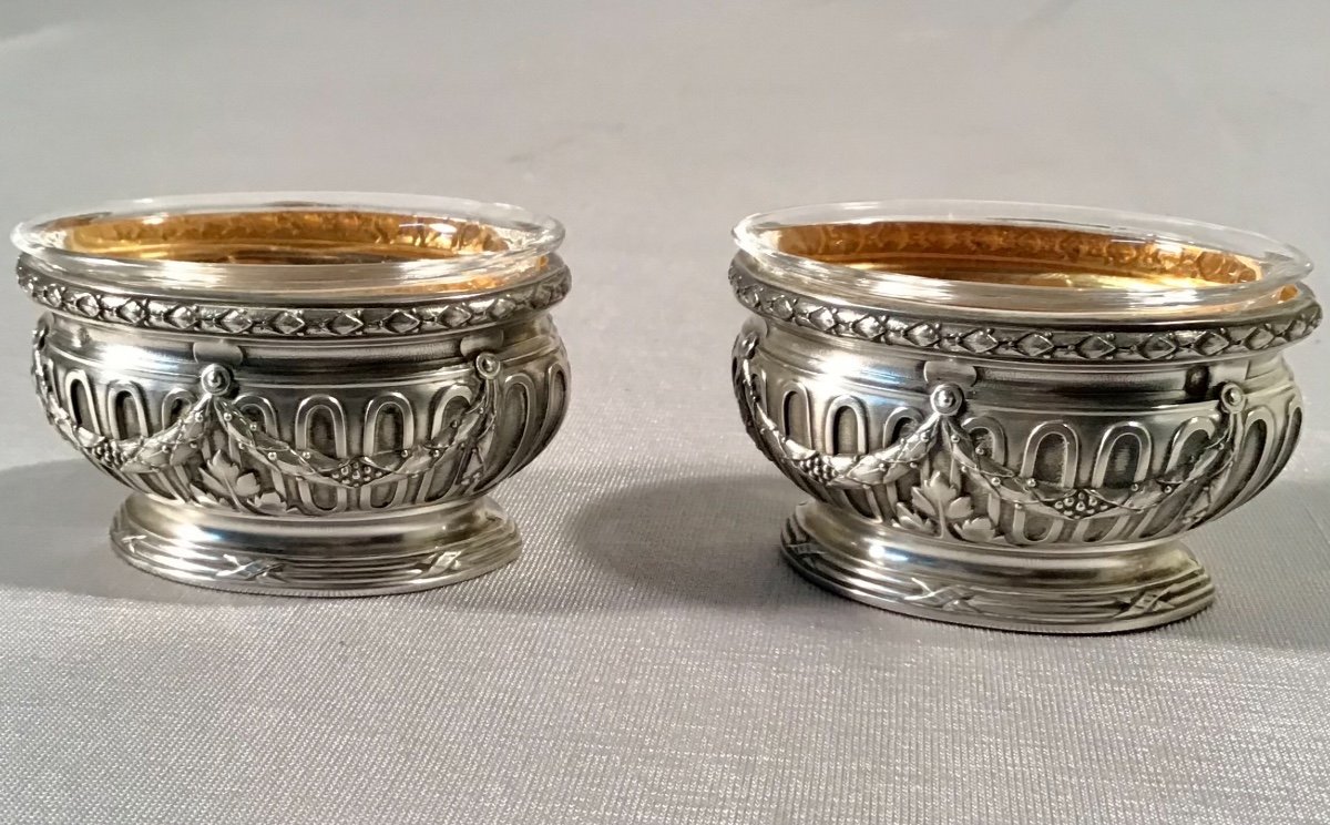 Pair Of Oval Salarons In Silver And Vermeil, 20th-photo-2