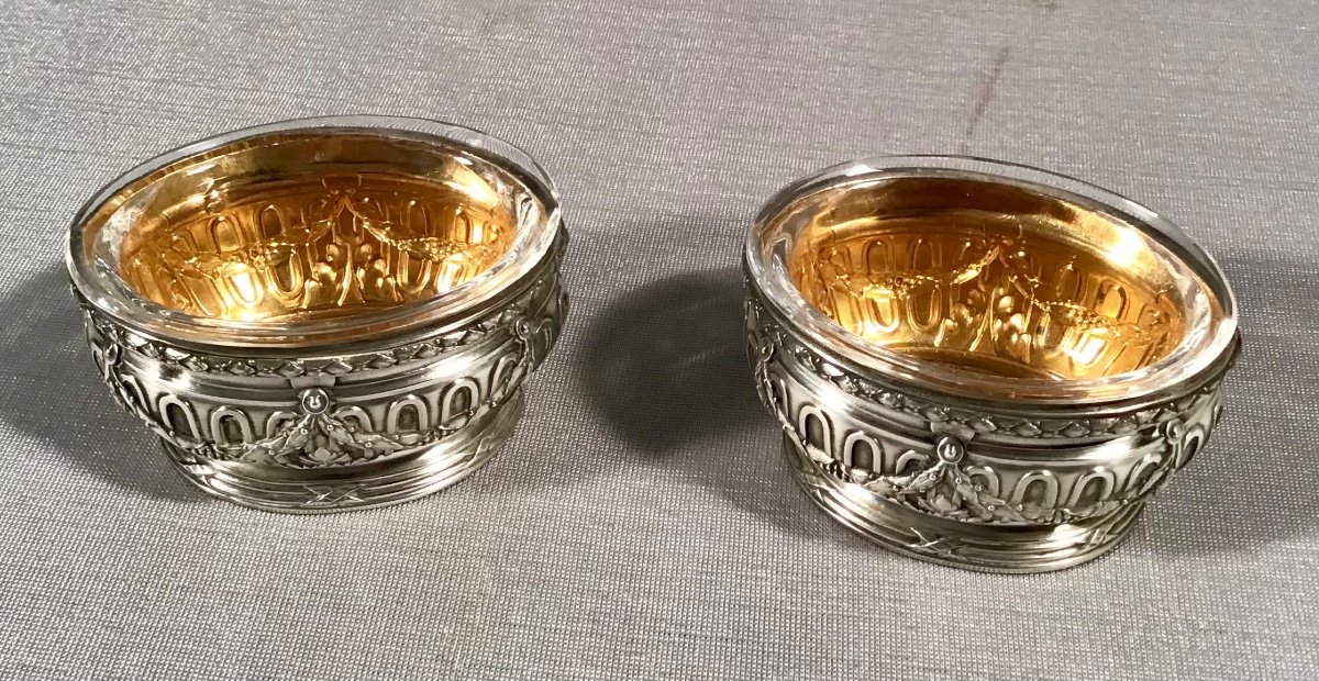 Pair Of Oval Salarons In Silver And Vermeil, 20th