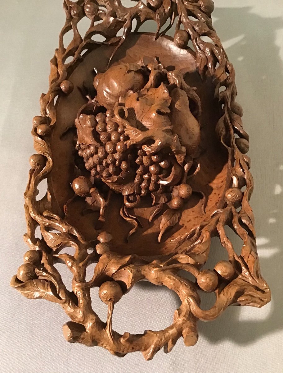 Coupe De Fruits En Noyer Sculpté, Milieu Du 20ème Siècle -photo-4