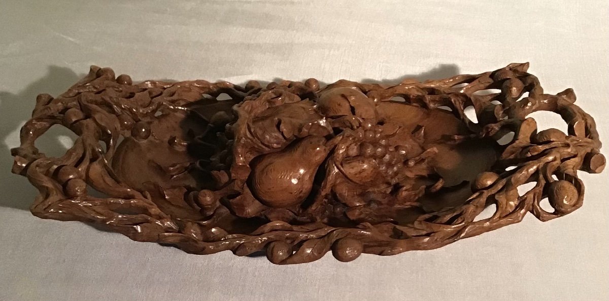 Coupe De Fruits En Noyer Sculpté, Milieu Du 20ème Siècle -photo-1
