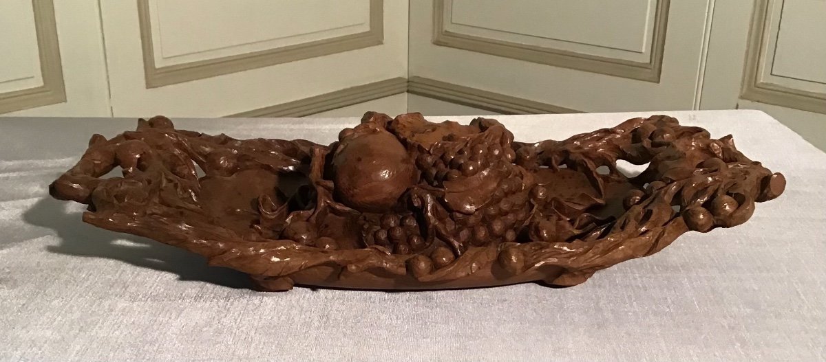 Coupe De Fruits En Noyer Sculpté, Milieu Du 20ème Siècle 