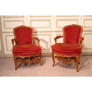 Pair Of Cabriolet Armchairs, Louis XV Period, Stamped Cv*bara