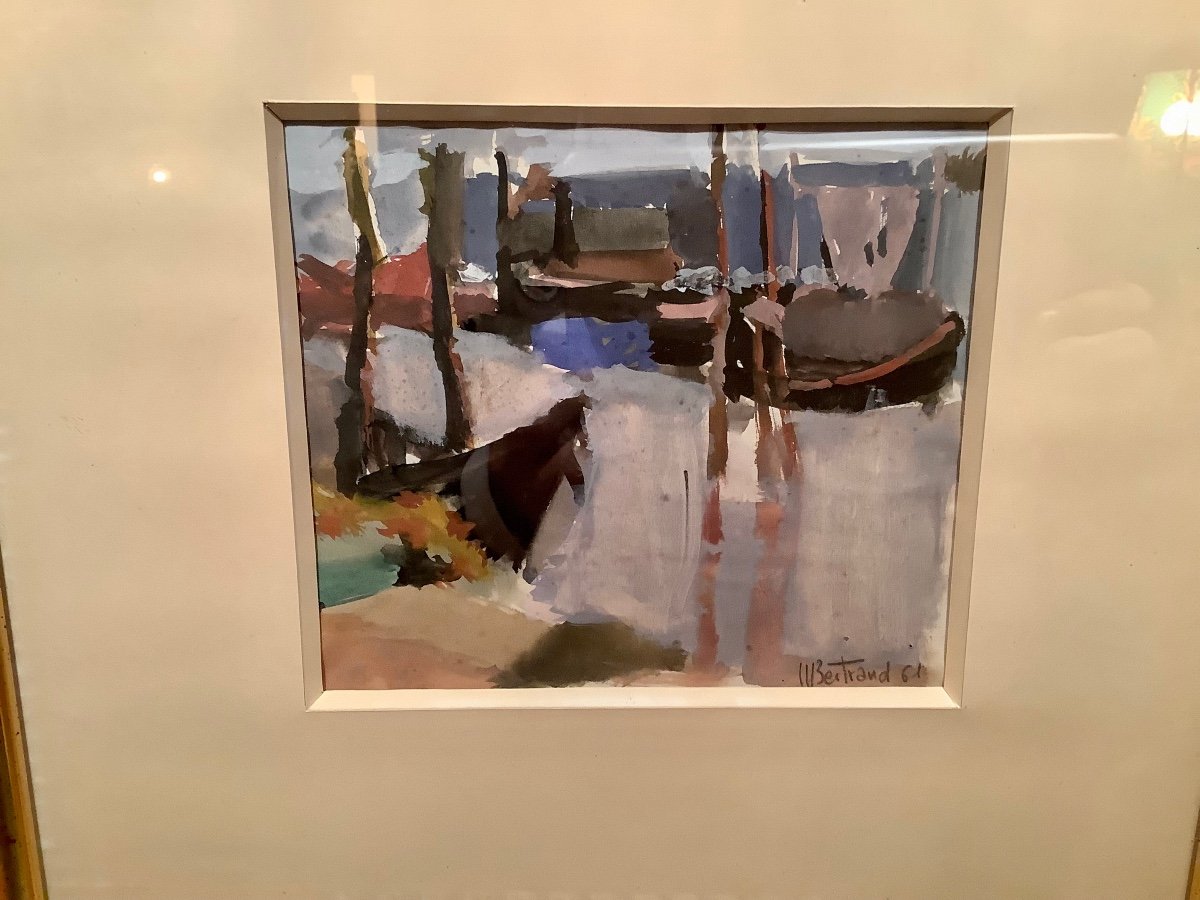 Michel Bertrand (1935-2009) “boats At The Quay”, Watercolor 1961-photo-2
