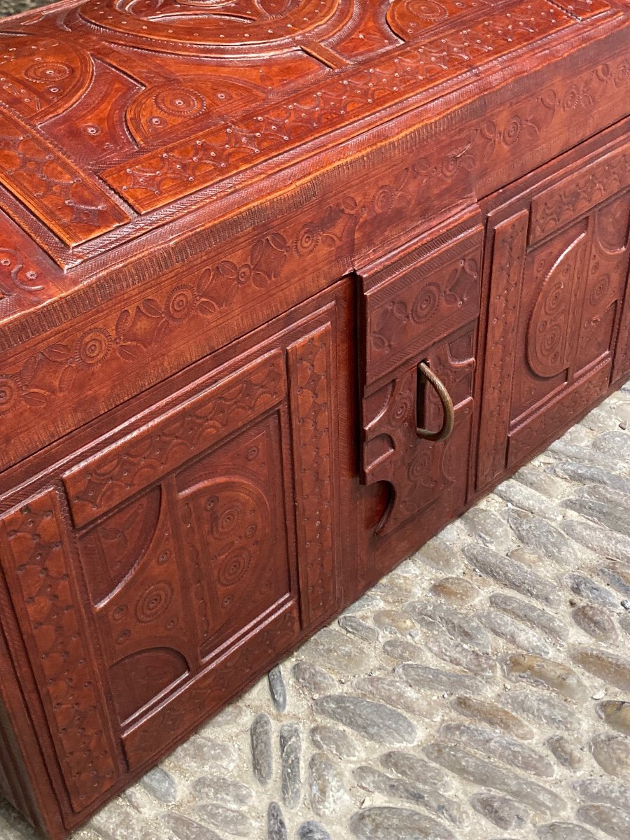 Grand Coffre Touareg Cuir Et Bois -photo-3