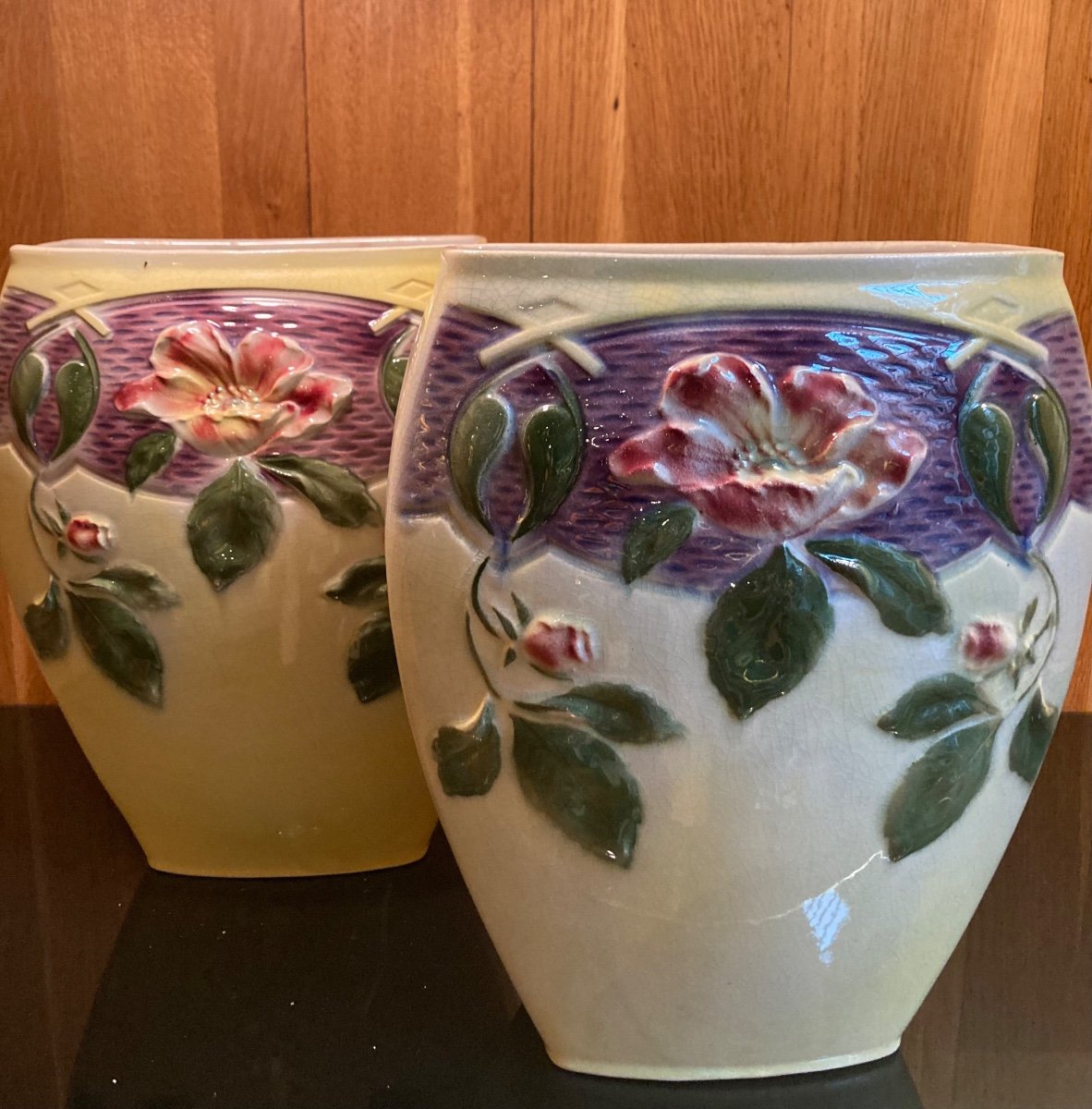 Pair Of Barbotine Ceramic Vase -photo-2
