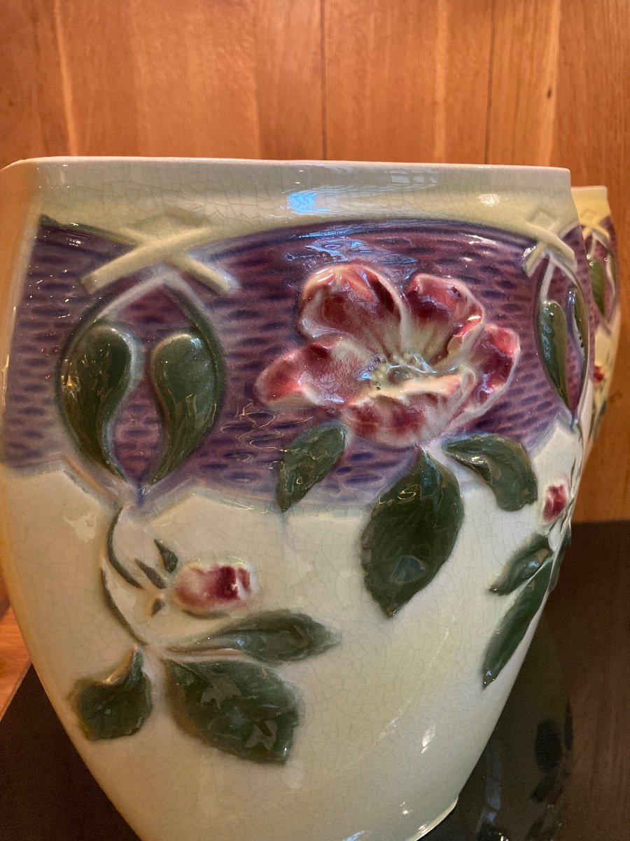 Pair Of Barbotine Ceramic Vase -photo-7