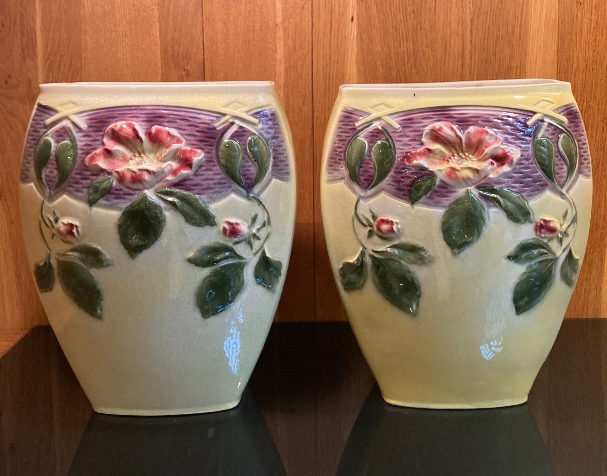 Pair Of Barbotine Ceramic Vase 