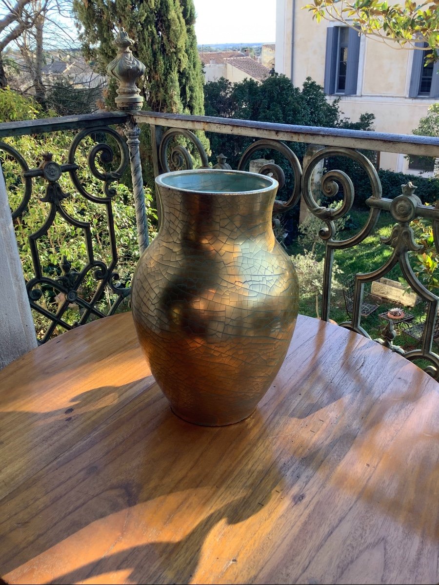Large Art Deco Vase Jules Ernenwein Alsace Ceramic Gold Leaf-photo-2