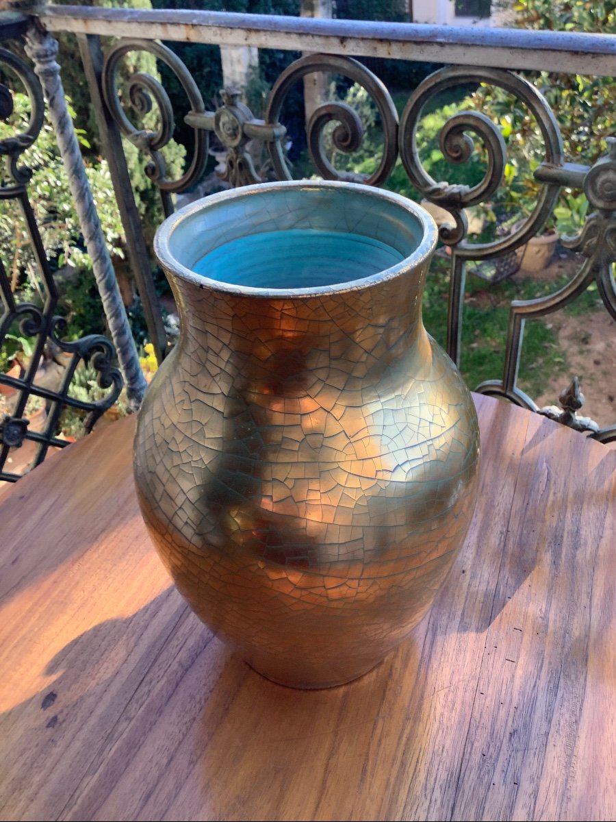 Large Art Deco Vase Jules Ernenwein Alsace Ceramic Gold Leaf-photo-3