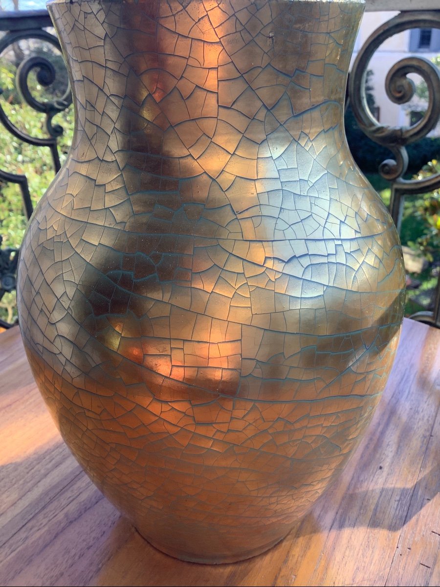 Large Art Deco Vase Jules Ernenwein Alsace Ceramic Gold Leaf-photo-3