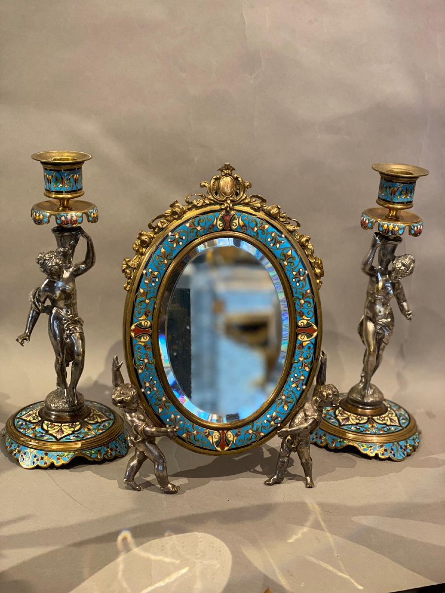 Pair Of Candlesticks In Cloisonne Enamel And Bronze-photo-2