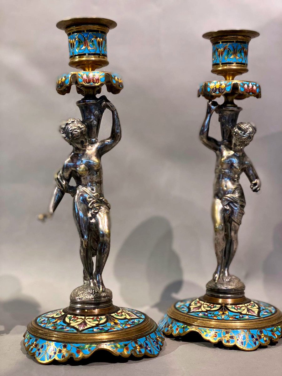 Pair Of Candlesticks In Cloisonne Enamel And Bronze