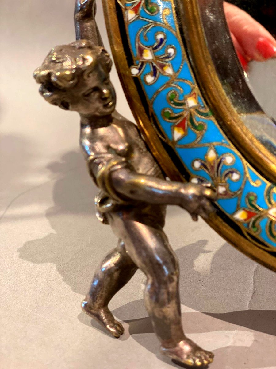 Ravissant Miroir Aux Putti En émail Cloisonné Et Bronze Argenté-photo-2