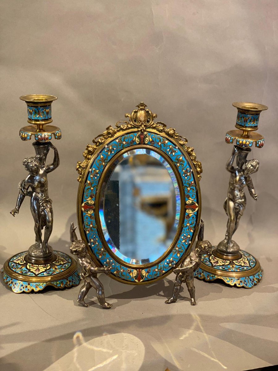 Ravissant Miroir Aux Putti En émail Cloisonné Et Bronze Argenté-photo-4