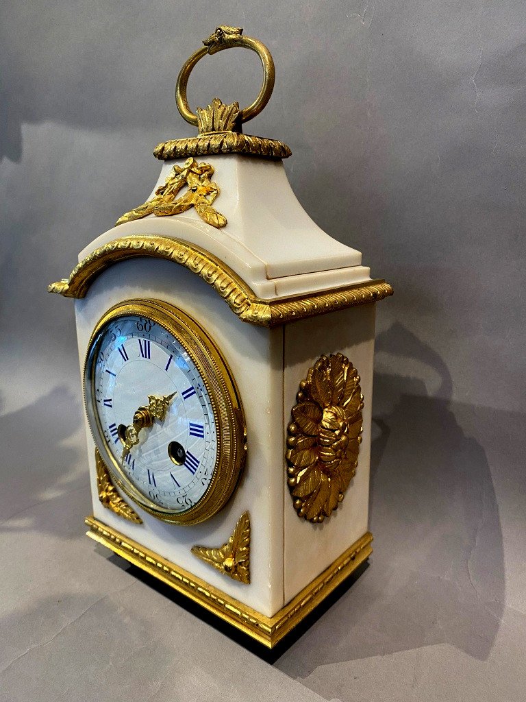 Carriage Or Officer Clock In White Marble And Gilt Bronze-photo-2