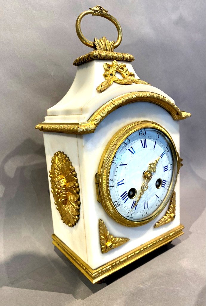 Carriage Or Officer Clock In White Marble And Gilt Bronze