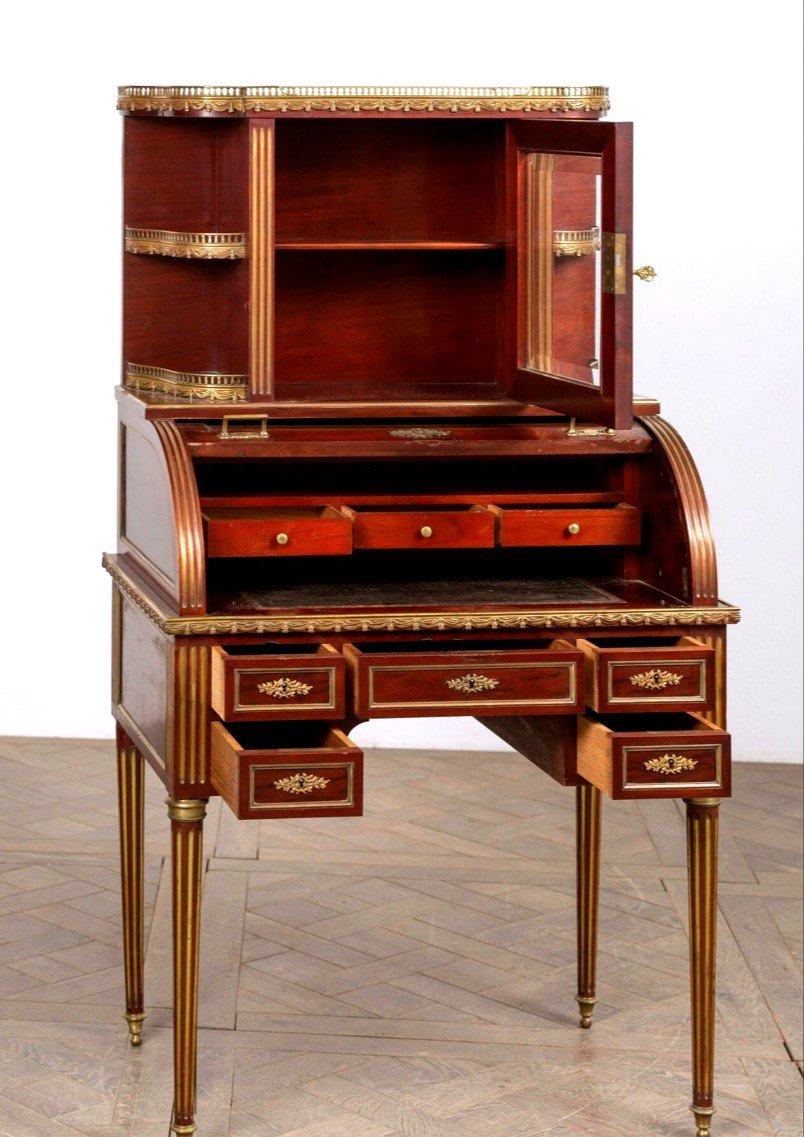 Louis XVI Cylinder Desk, Bonheur Du Jour In Mahogany-photo-2