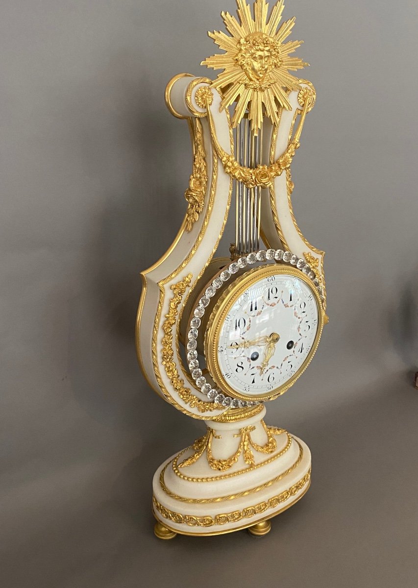 Important Lyre Pendulum, White Marble And Gilt Bronze-photo-2
