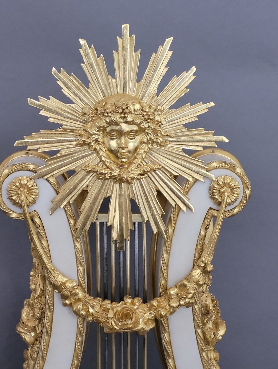 Important Lyre Pendulum, White Marble And Gilt Bronze-photo-7