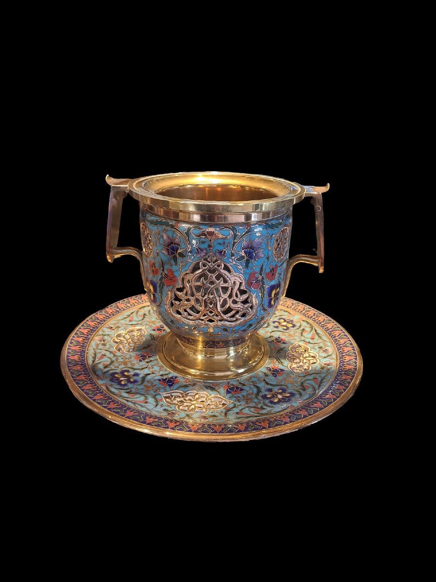 Pot With Handles And Its Tray In Cloisonné Enamel Signed: F.barbedienne