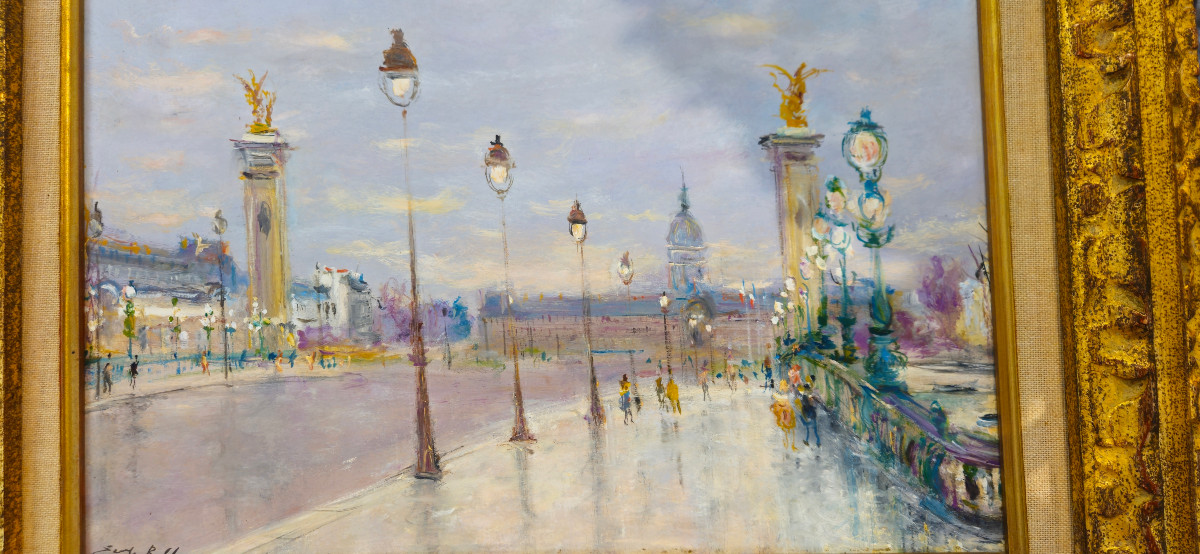 "vue du pont Alexandre III à Paris" Serge BELLONI, huile encadrée-photo-4