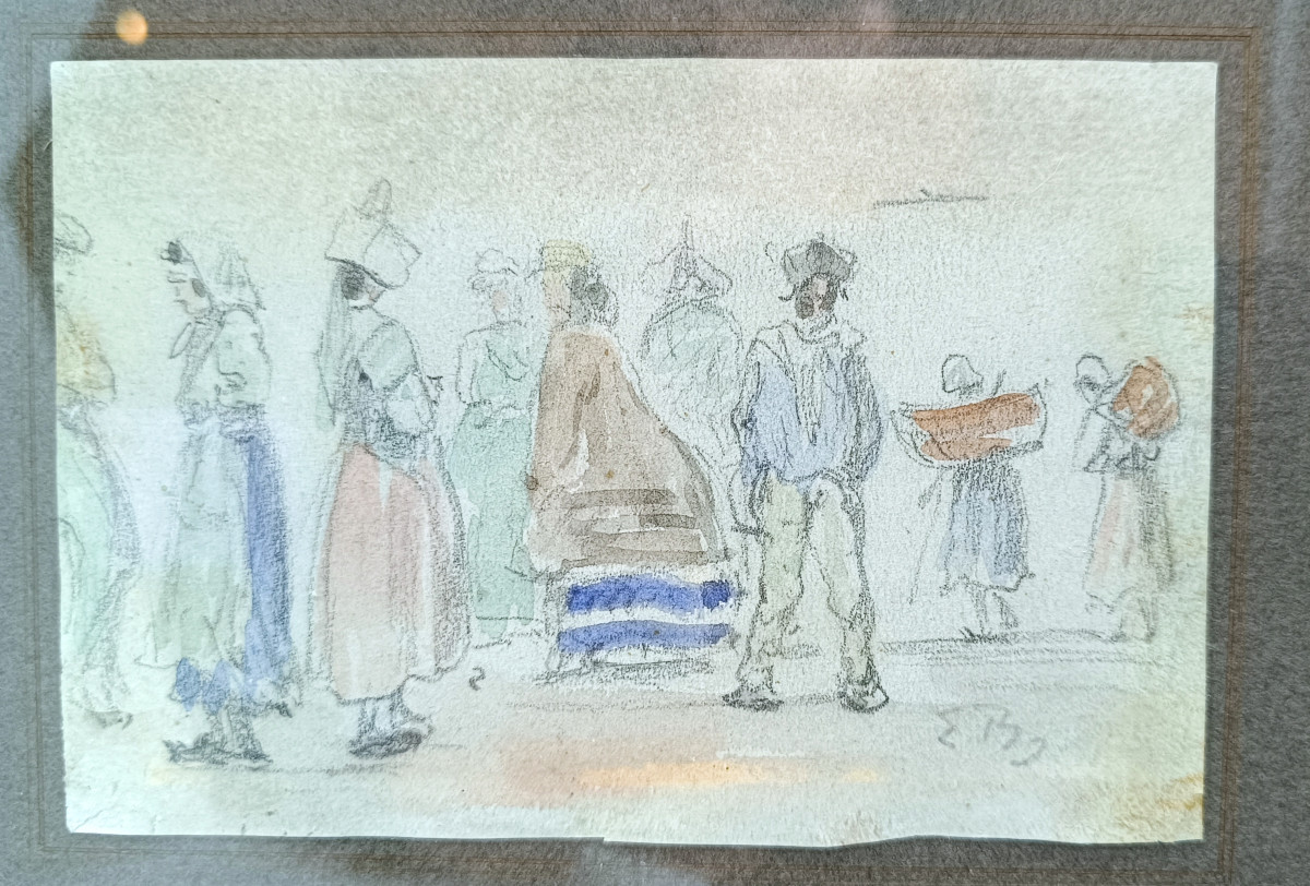 aquarelle et graphite (étude) de Louis-Eugène BOUDIN:scène de marché. Cadre en bois original
