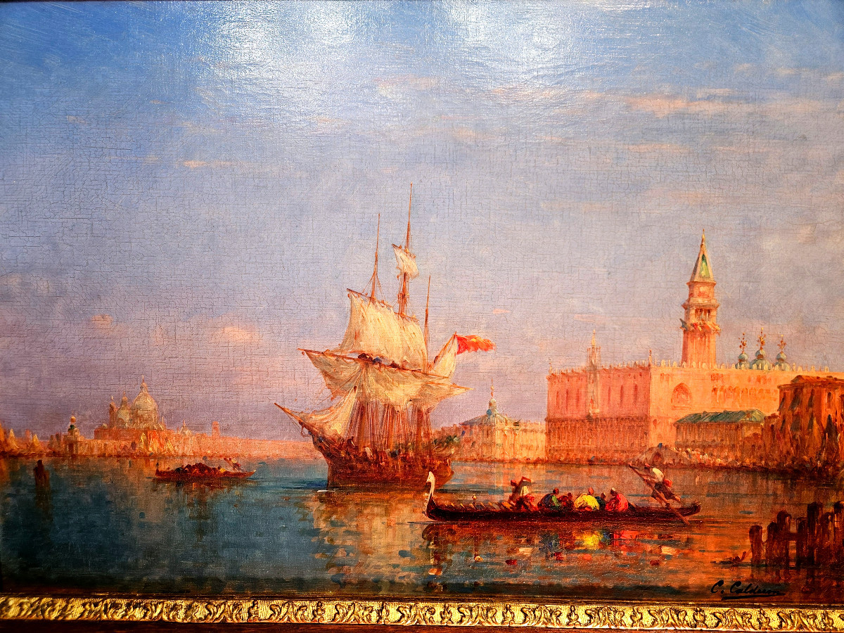 Venise, le palais des doges au soleil couchant- Charles-Clement CALDERON, huile sur toile-photo-2
