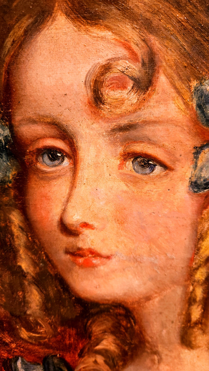 "jeune fille aux rubans bleus" huile sur toile, fin19ème début 20ème-photo-2