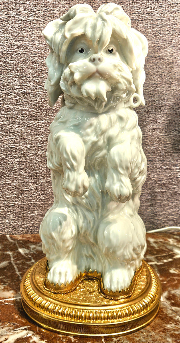 Bichon Frise Dog, Porcelain Sculpture With A Gilt Bronze Base. Late 19th/early 20th Century-photo-2