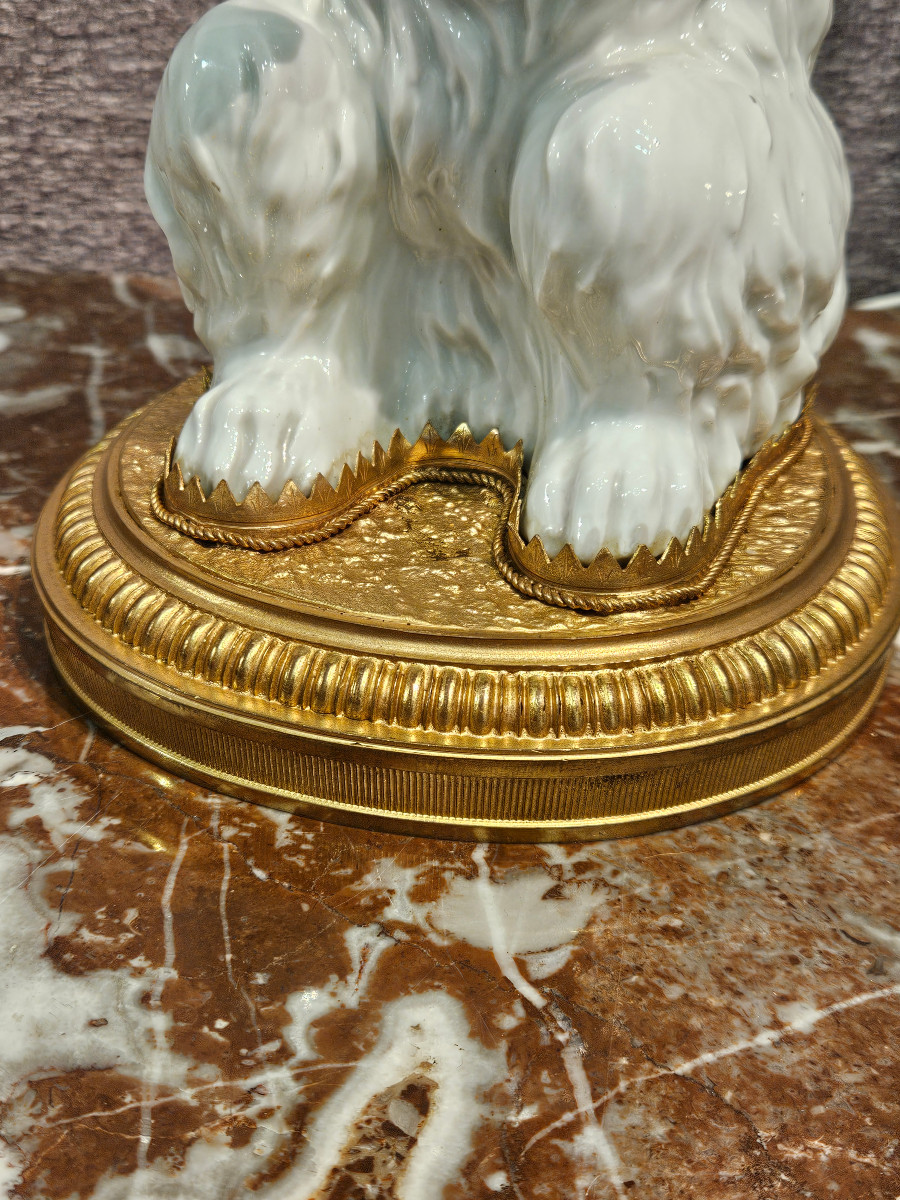 Bichon Frise Dog, Porcelain Sculpture With A Gilt Bronze Base. Late 19th/early 20th Century-photo-3