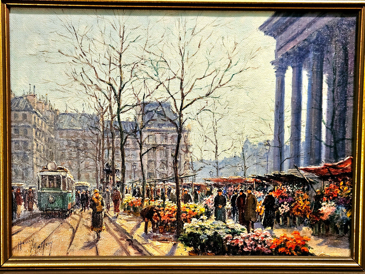 H. Malfroy - Flower Market At The Madeleine, Paris. Oil On Canvas, 20th Century-photo-2