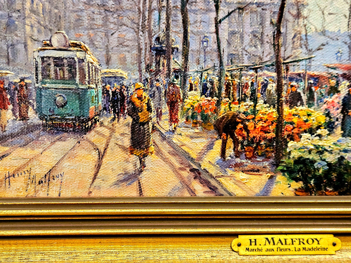H. Malfroy - Flower Market At The Madeleine, Paris. Oil On Canvas, 20th Century-photo-3