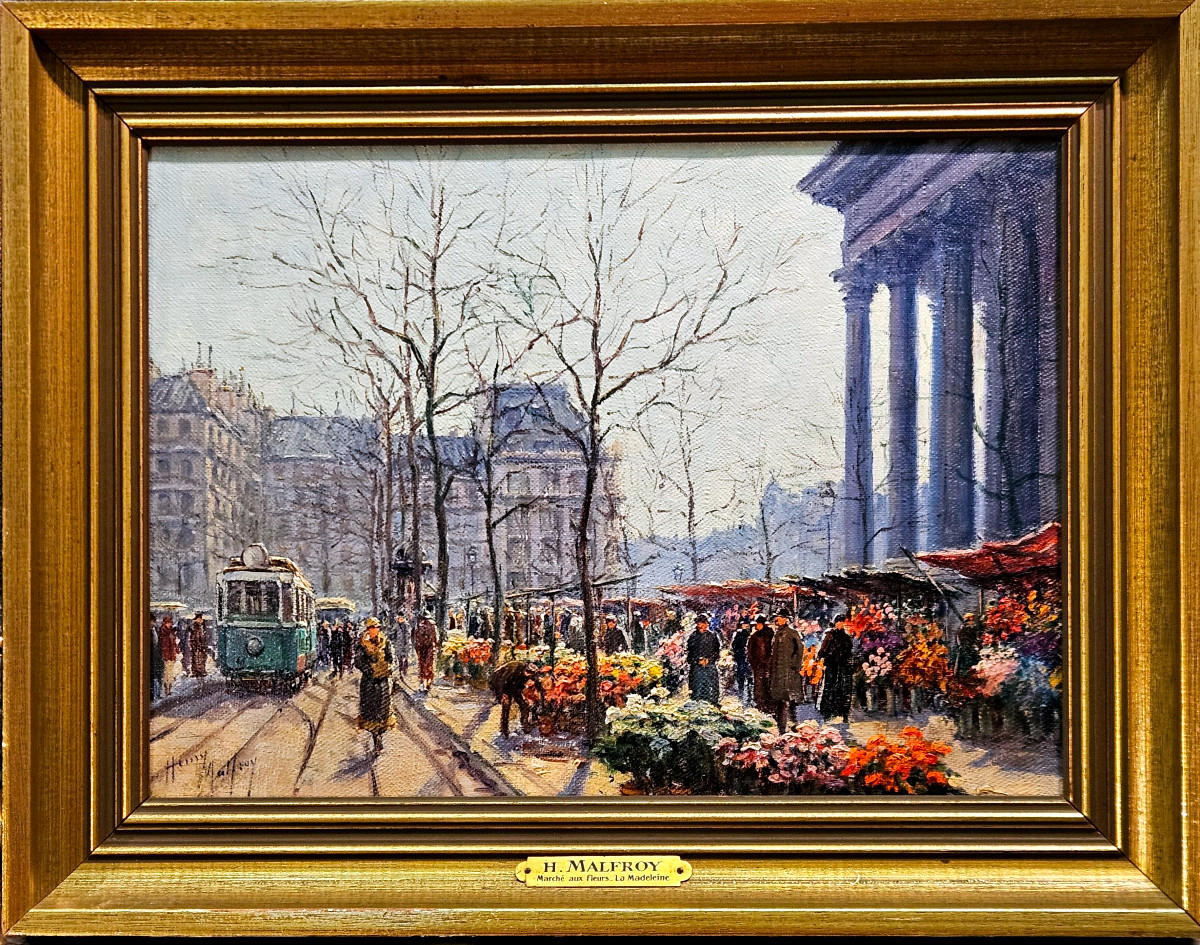 H. Malfroy - Flower Market At The Madeleine, Paris. Oil On Canvas, 20th Century