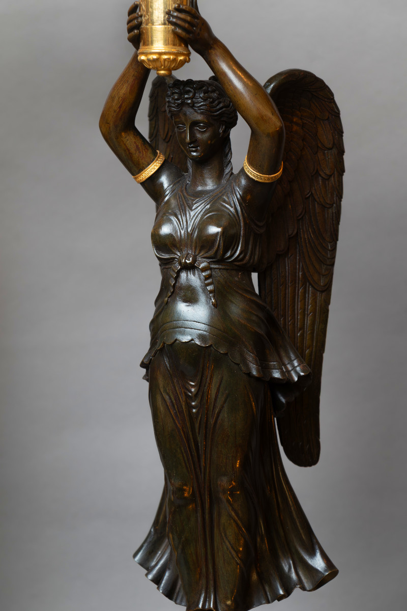 Paire de candélabres en bronze doré et patiné-Signés RABIAT- Epoque Empire-photo-4