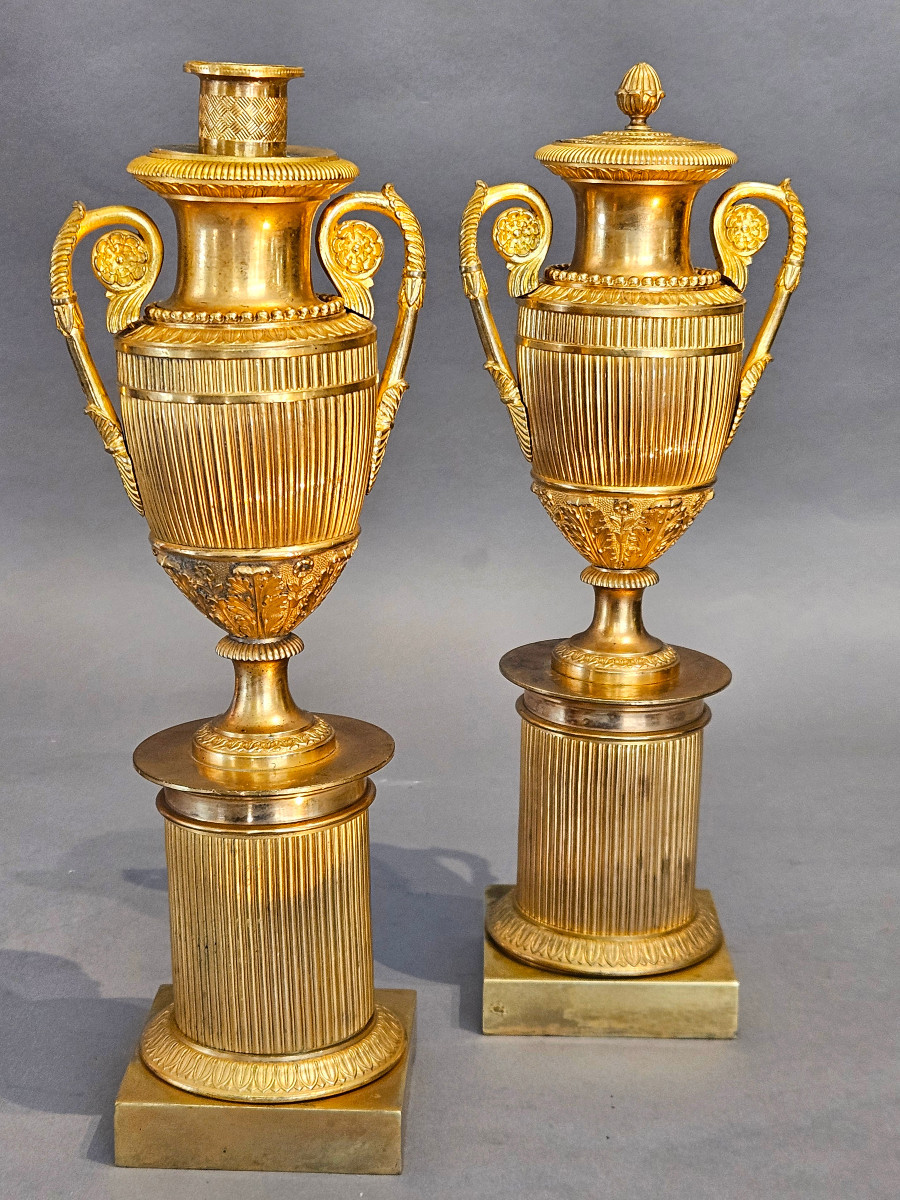 Pair Of Reversible Gilt Bronze Cassolettes-candlesticks - Empire Period