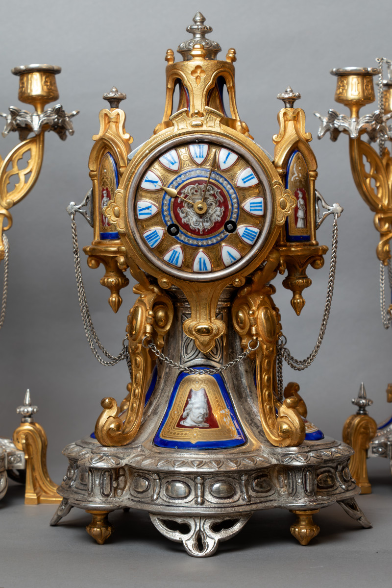 Neo-gothic Trim In Silvered Bronze, Gilt Bronze And Painted Enamel-xixth Century-photo-2