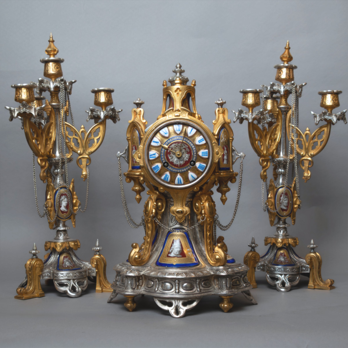 Neo-gothic Trim In Silvered Bronze, Gilt Bronze And Painted Enamel-xixth Century