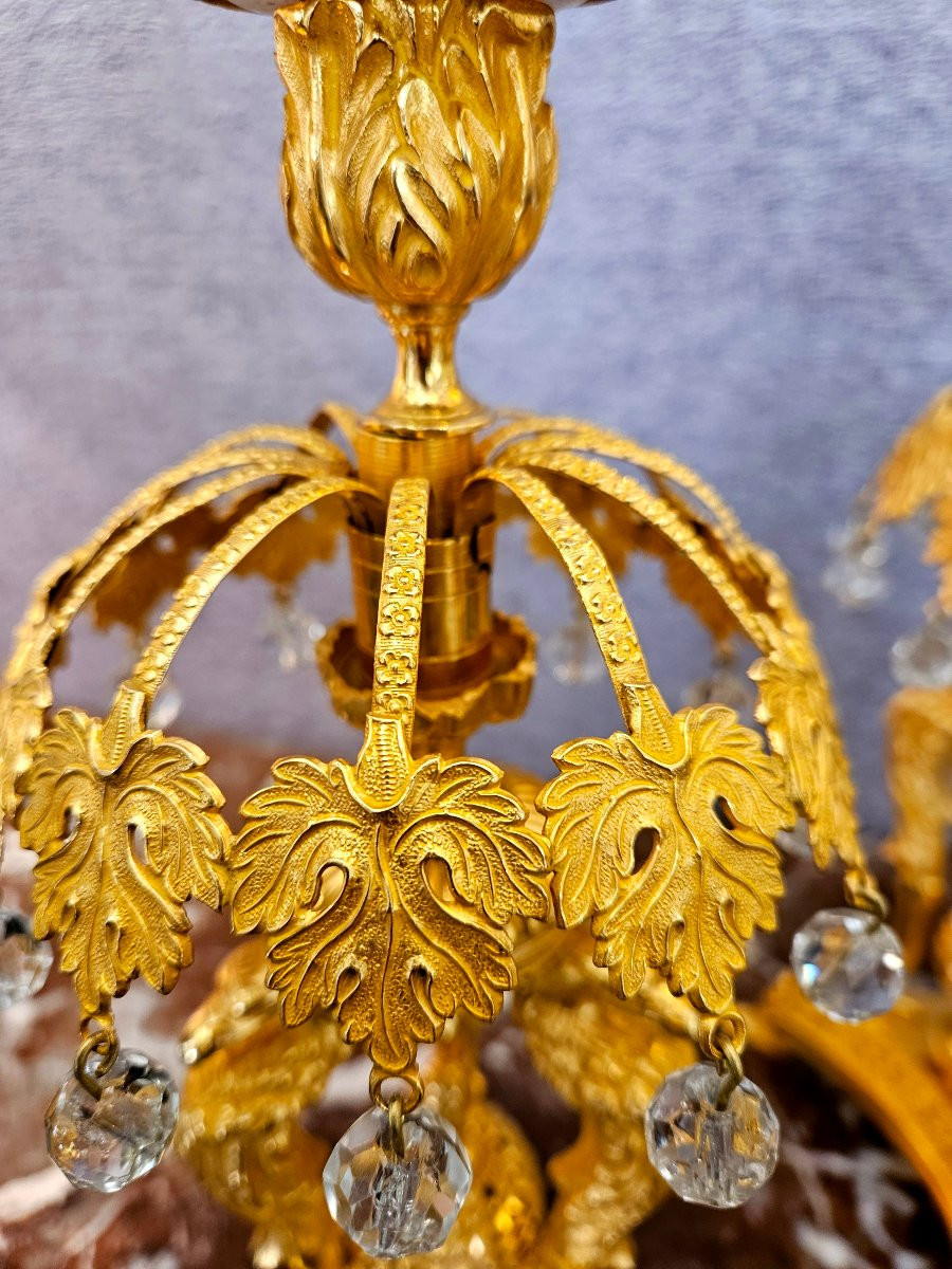 Paire de bougeoirs en bronze avec aigles et pampilles-photo-3