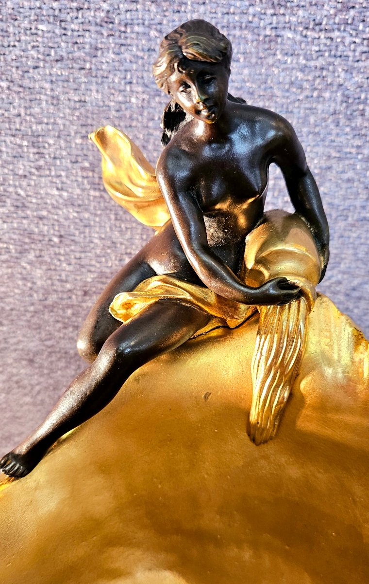 Large Allegorical Gilded And Patinated Bronze Bowl Signed S.kinsburger (1855-1935)-photo-2