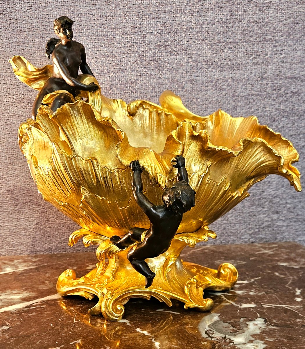 Large Allegorical Gilded And Patinated Bronze Bowl Signed S.kinsburger (1855-1935)-photo-4