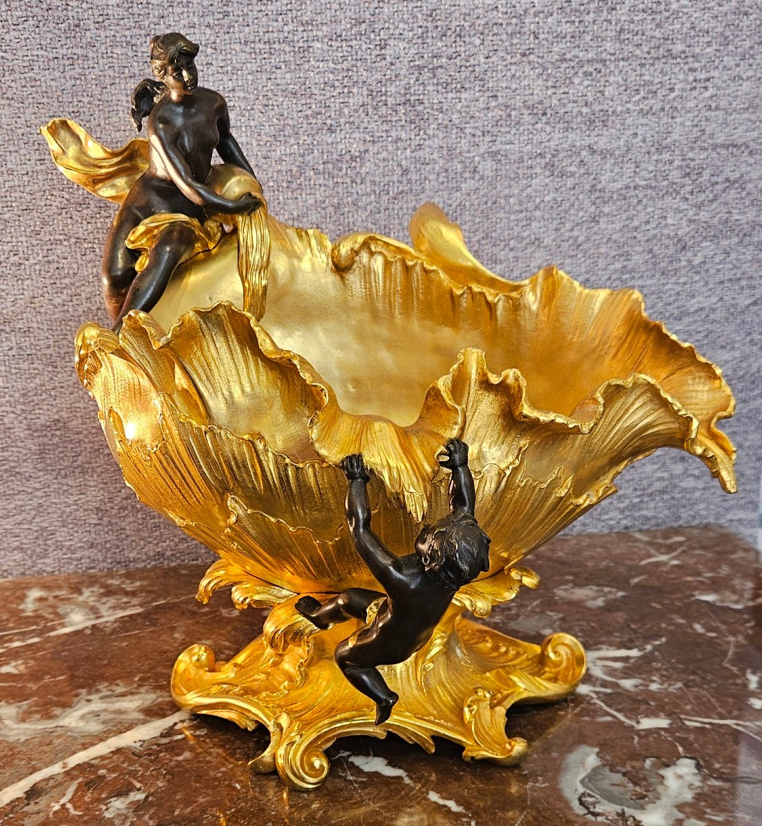 Large Allegorical Gilded And Patinated Bronze Bowl Signed S.kinsburger (1855-1935)