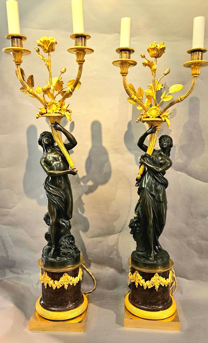 Importants candélabres en bronze doré et patiné, 19ème, 