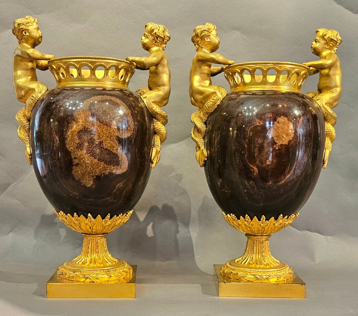 Paire de vases en jaspe Mokaïte et bronze ormolu, Empire, Att. THOMIRE-photo-2