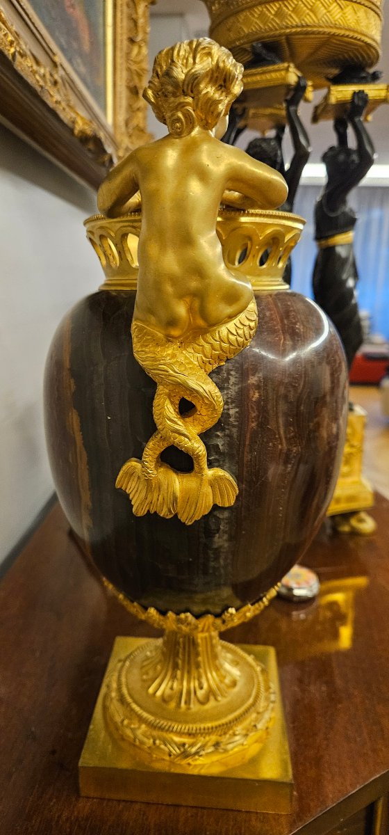 Paire de vases en jaspe Mokaïte et bronze ormolu, Empire, Att. THOMIRE-photo-4