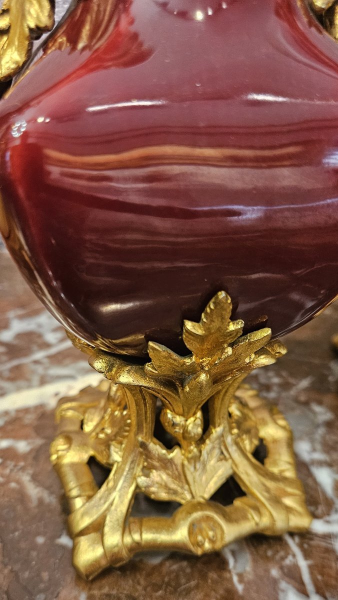 Paire de flacons en porcelaine "sang de boeuf", monture en bronze doré, Napoléon III-photo-3