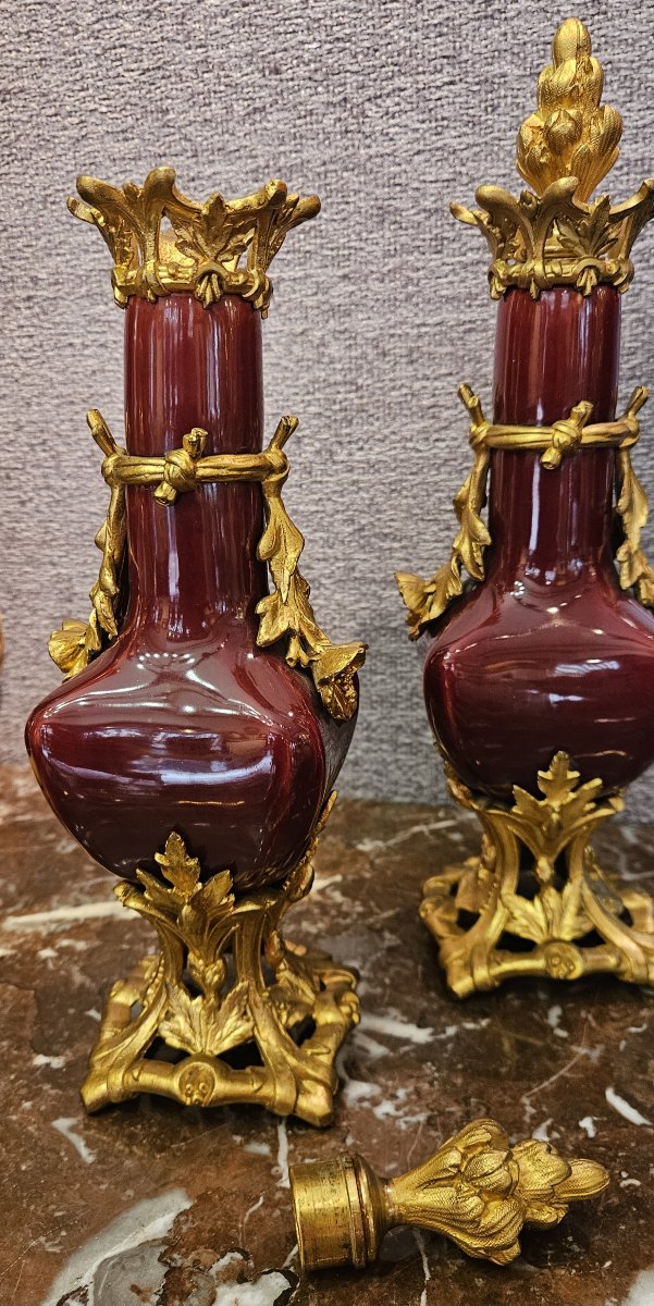 Paire de flacons en porcelaine "sang de boeuf", monture en bronze doré, Napoléon III-photo-4