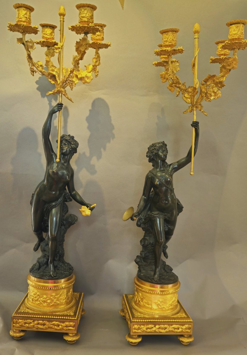 Paire de grands candélabres aux bacchantes, bronze doré au mercure et bronze patiné-photo-5